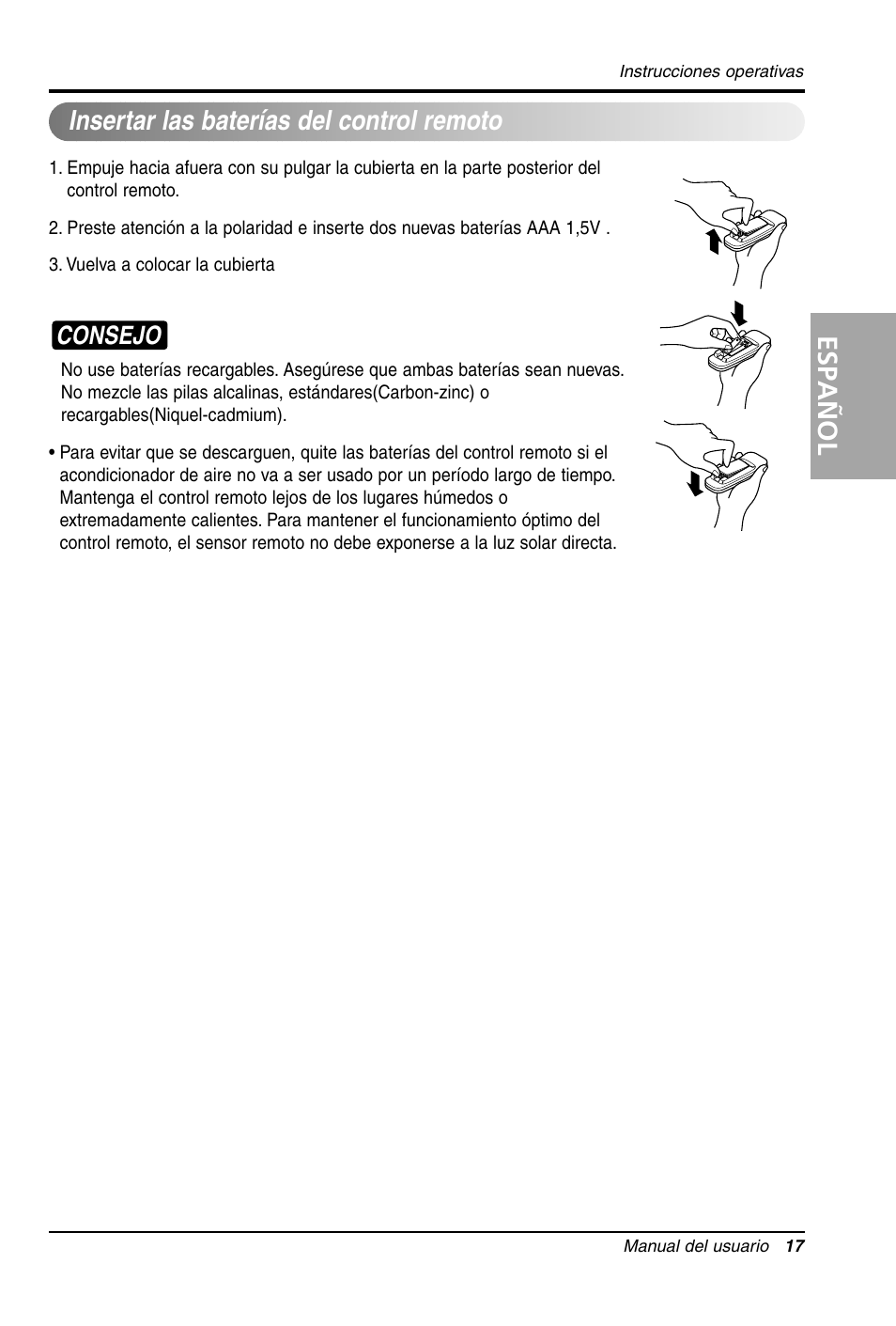 Español, Insertar las baterías del control remoto, Consejo | LG LW1011CR User Manual | Page 38 / 47