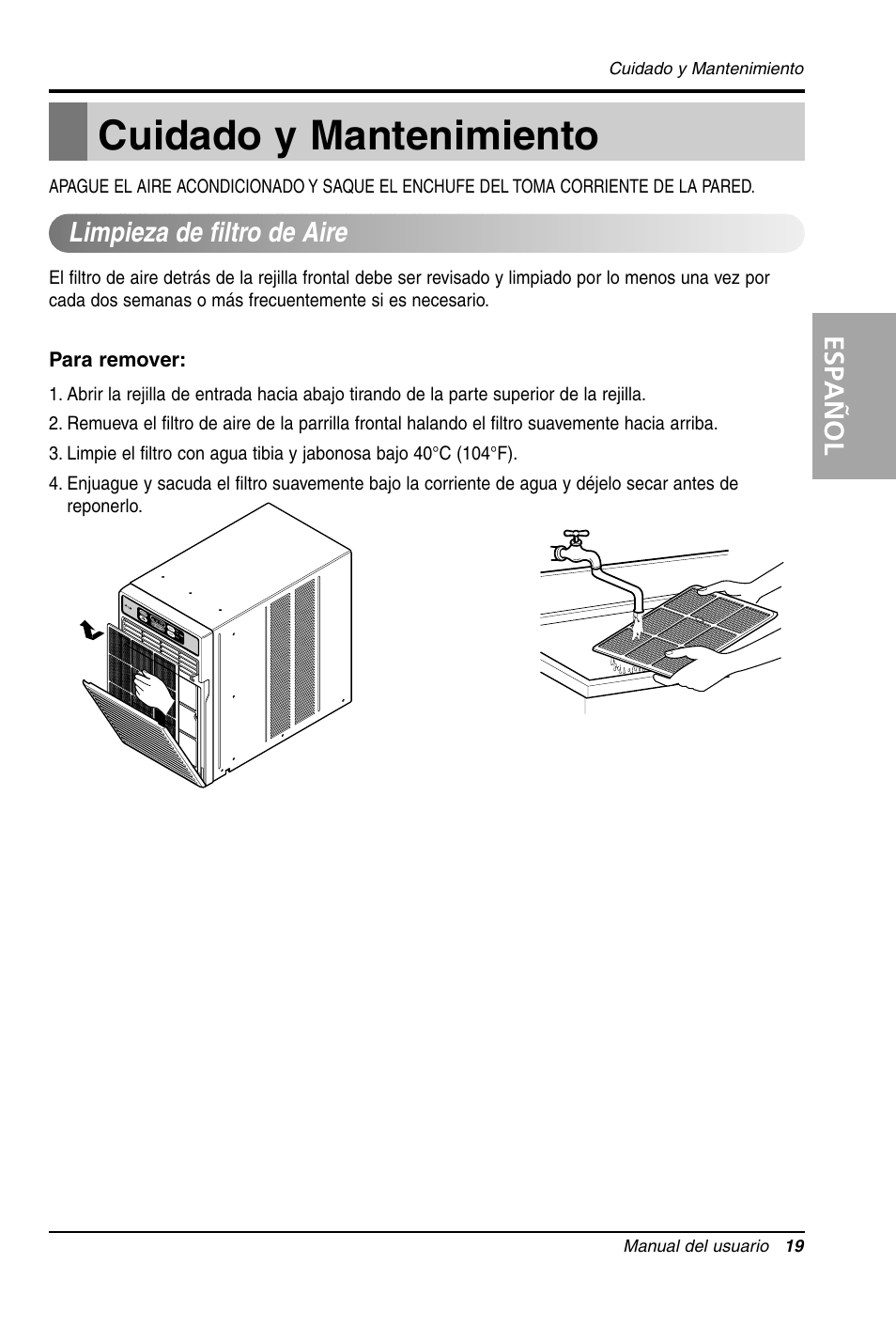 Cuidado y mantenimiento, Español, Limpieza de filtro de aire | LG LW1011CR User Manual | Page 40 / 47