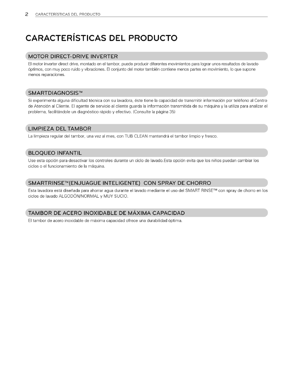 Caracteristicas del producto | LG WT4970CW User Manual | Page 40 / 76