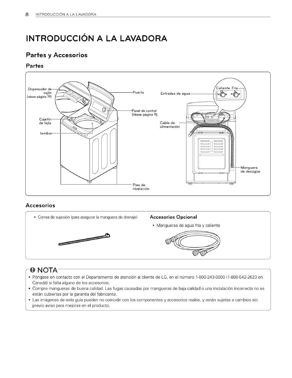 Introduccion a la lavadora, Partes y accesorios, Partes | Accesorios, O nota, Nota | LG WT4970CW User Manual | Page 46 / 76