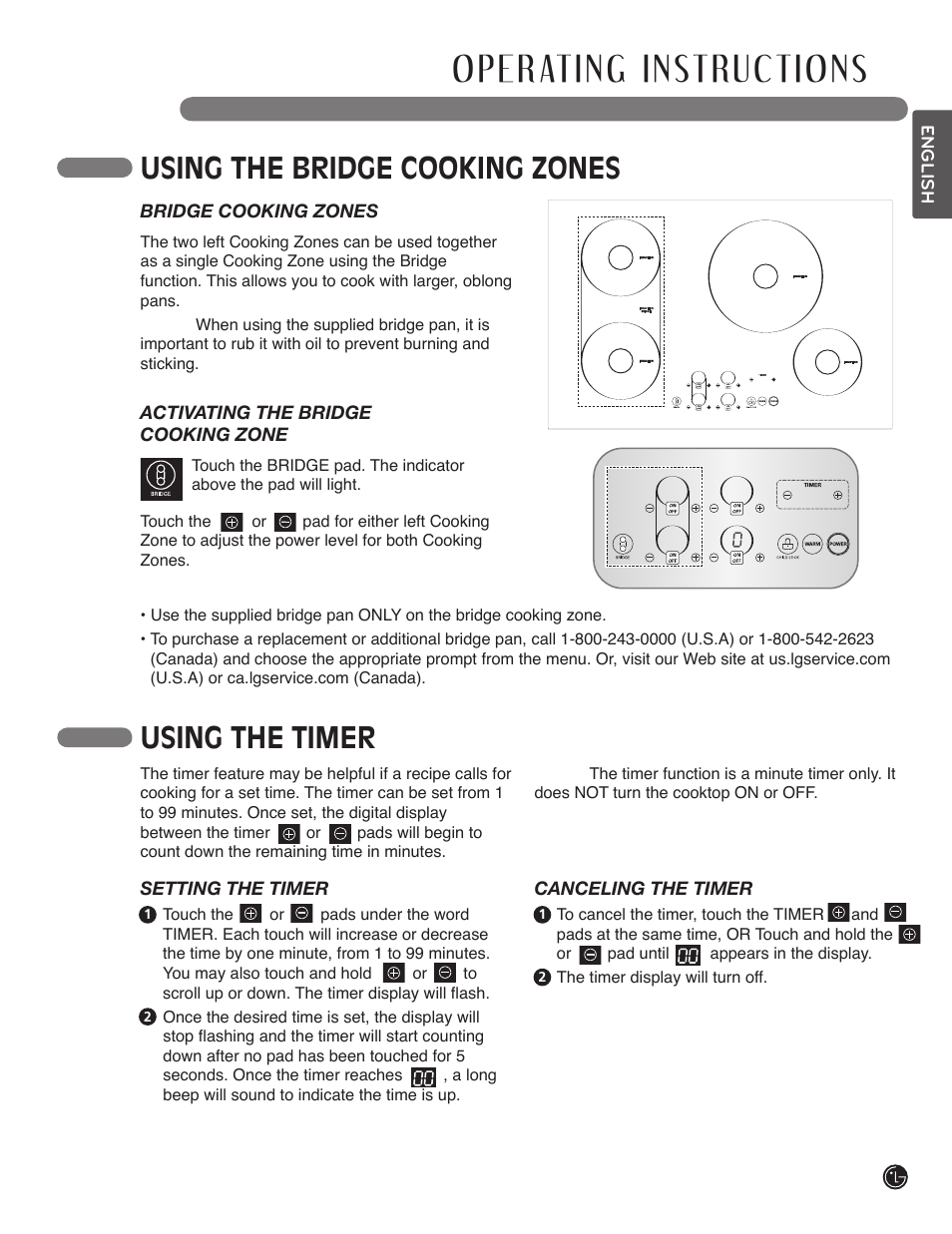 Using the bridge cooking zones using the timer | LG LSCI307ST User Manual | Page 17 / 64