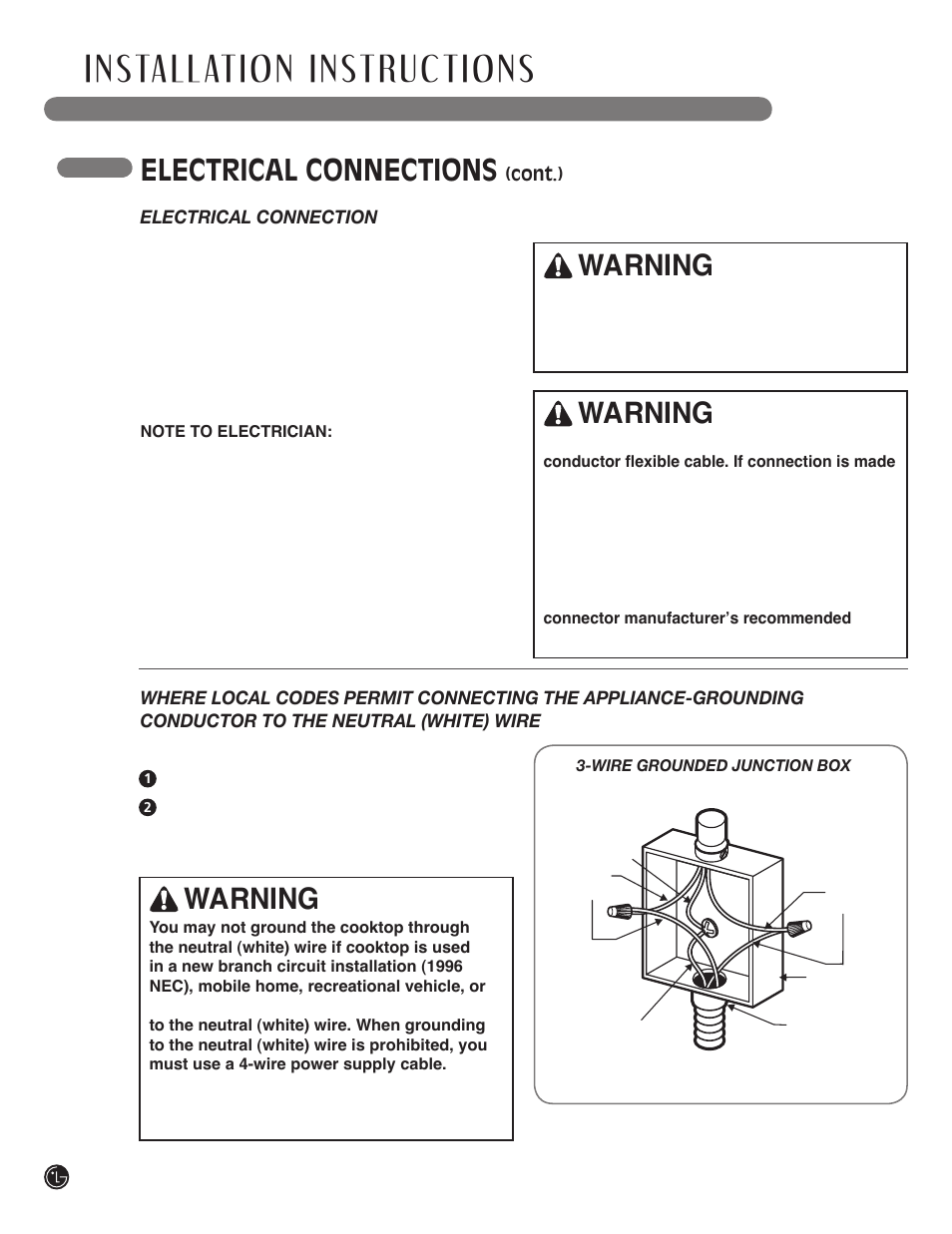 Warning, Electrical connections | LG LSCI307ST User Manual | Page 24 / 64