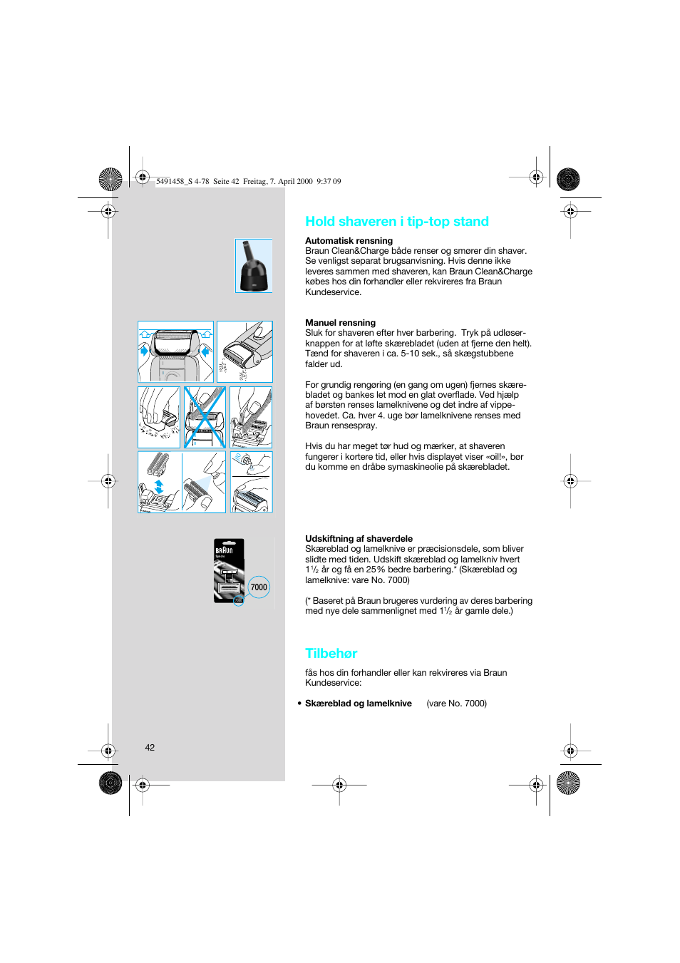 Hold shaveren i tip-top stand, Tilbehør | Braun 7570 Syncro System User Manual | Page 42 / 76