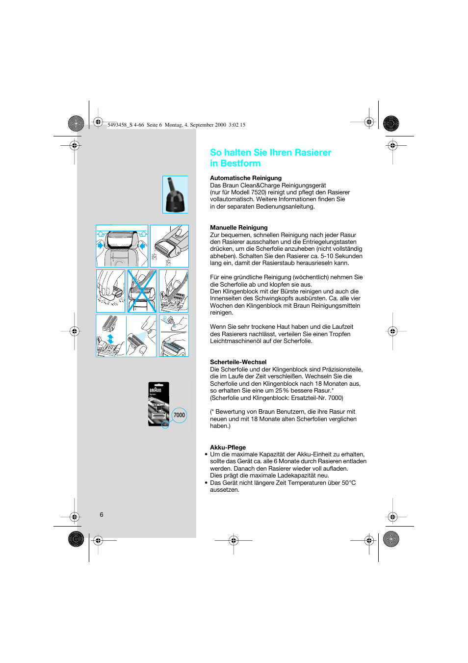 So halten sie ihren rasierer in bestform | Braun 7505 Syncro  DE User Manual | Page 6 / 63