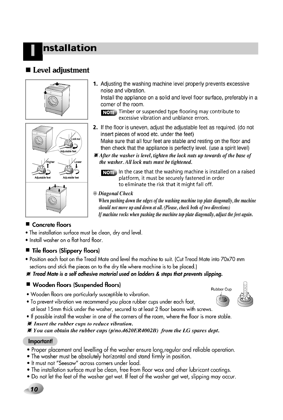 Level adjustment, Nstallation | LG WD-12380TP User Manual | Page 10 / 28