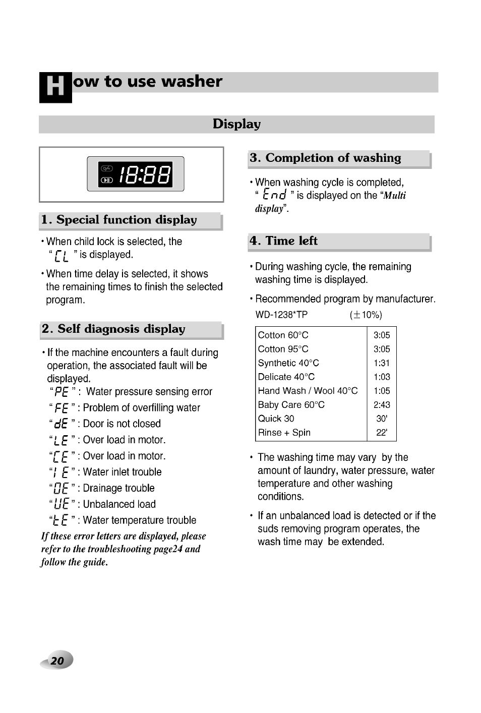 Display, Ow to use washer, Special function display | Self diagnosis display, Completion of washing, Time left | LG WD-12380TP User Manual | Page 20 / 28
