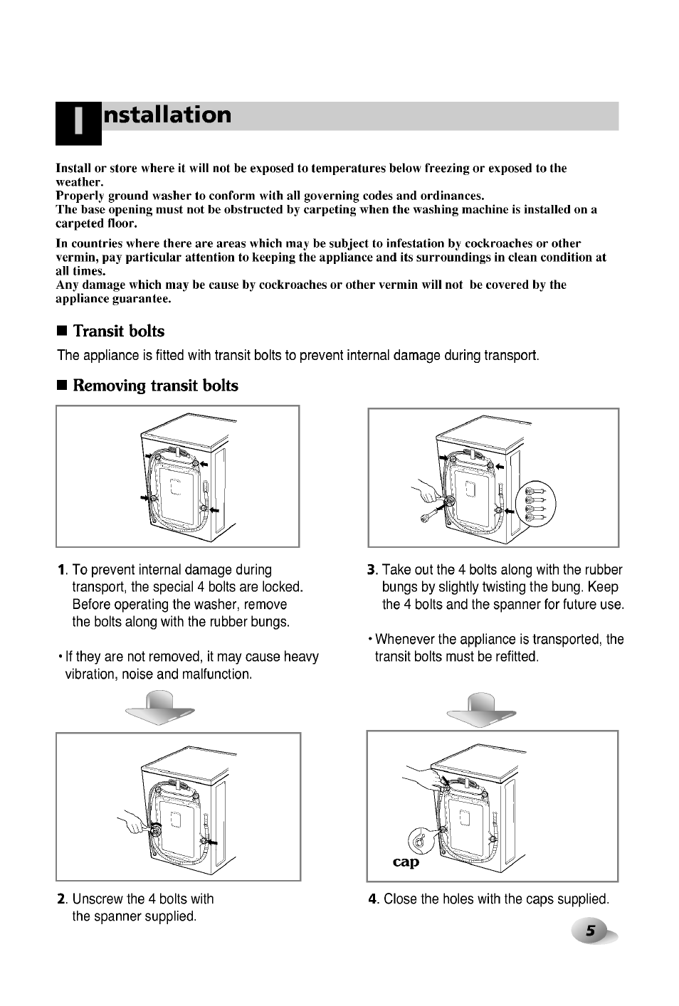 Nstallation, Transit bolts, Removing transit bolts | LG WD-12380TP User Manual | Page 5 / 28