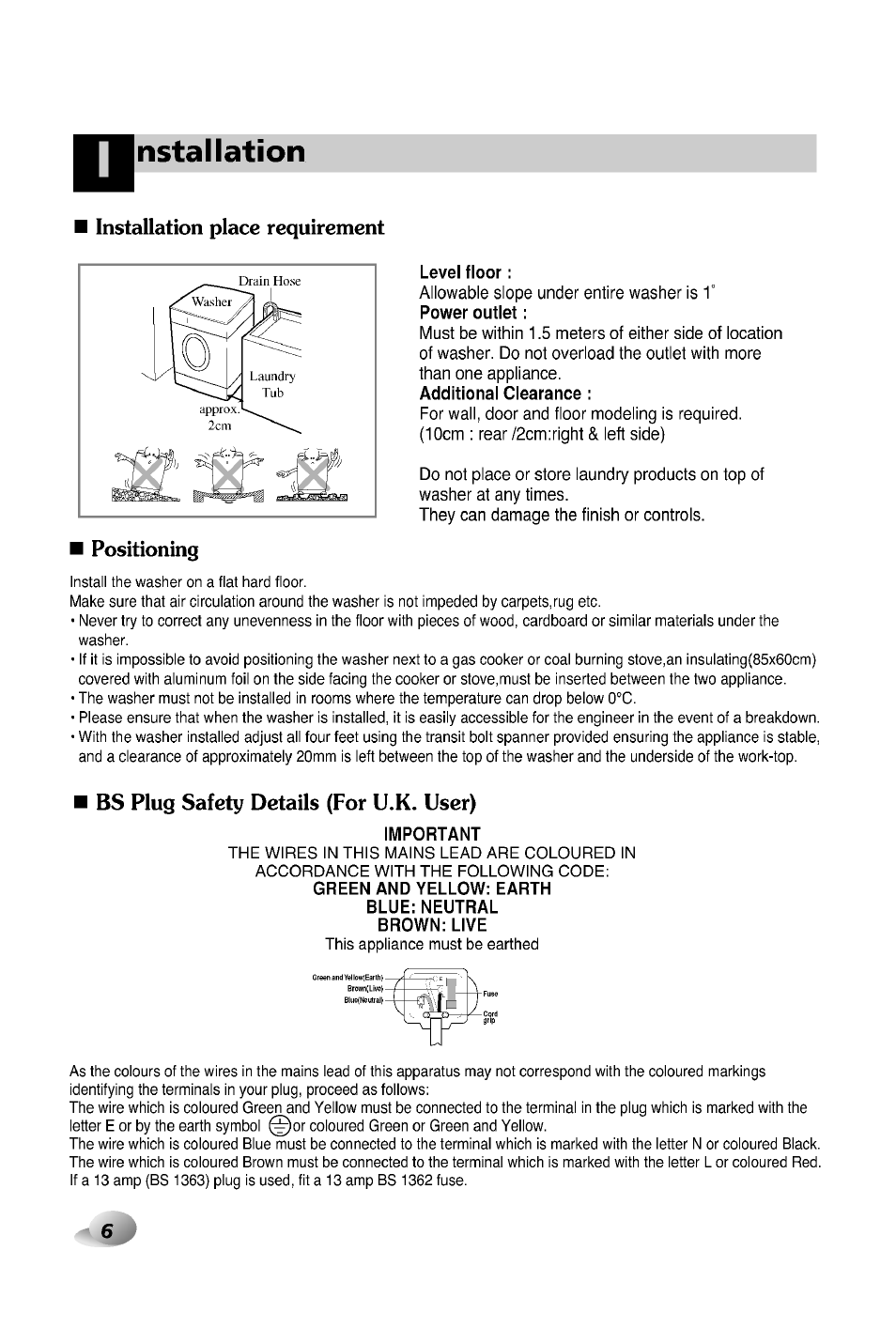 Nstallation, Installation place requirement, Positioning | Bs plug safety details (for u.k. user) | LG WD-12380TP User Manual | Page 6 / 28