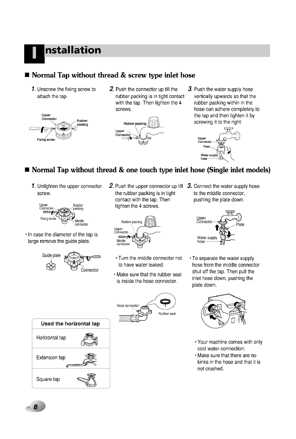 Normal tap without thread & screw type inlet hose, Nstallation | LG WD-12380TP User Manual | Page 8 / 28