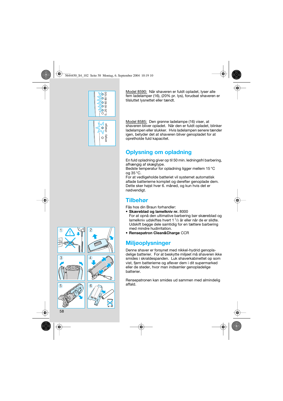 Oplysning om opladning, Tilbehør, Miljøoplysninger | Braun 8590 Activator  EU User Manual | Page 58 / 99