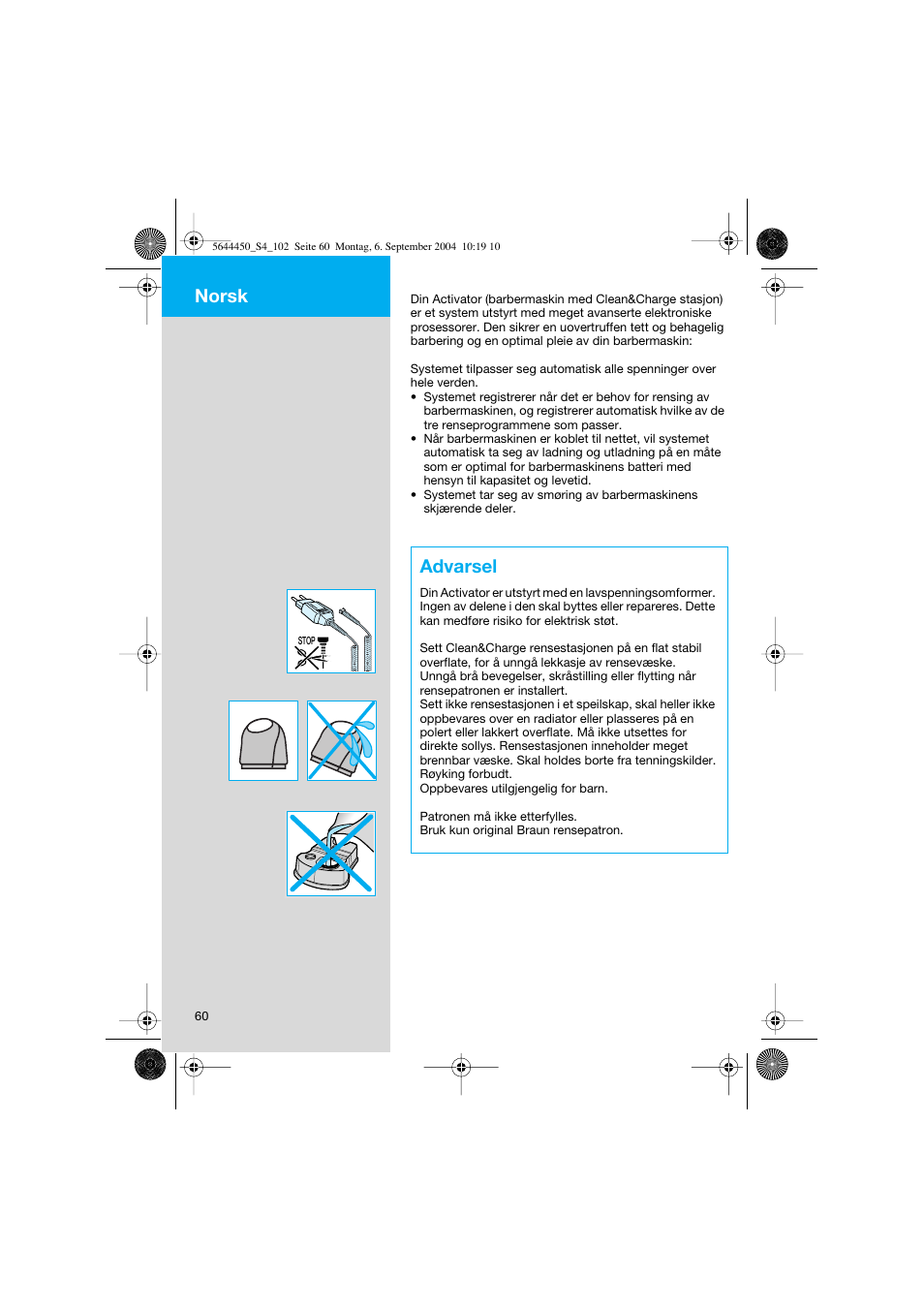 Advarsel, Norsk | Braun 8590 Activator  EU User Manual | Page 60 / 99