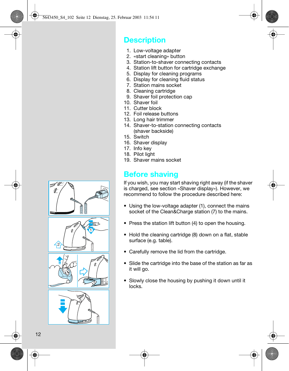 Description, Before shaving | Braun Clean & Charge (Activator) User Manual | Page 12 / 99