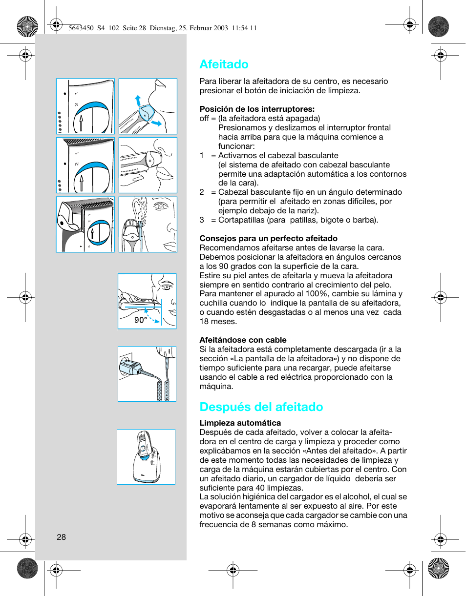 Afeitado, Después del afeitado | Braun Clean & Charge (Activator) User Manual | Page 28 / 99