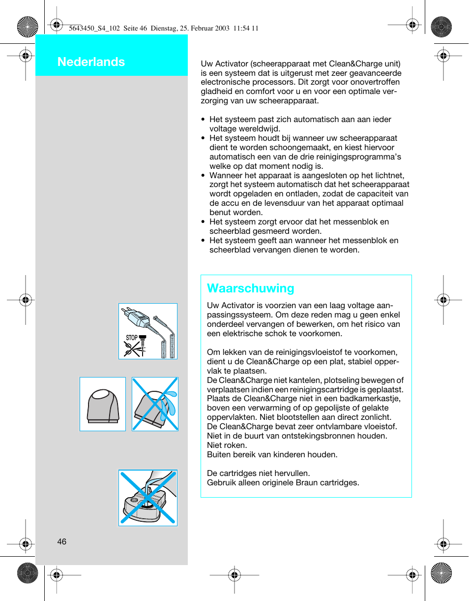 Nederlands, Waarschuwing | Braun Clean & Charge (Activator) User Manual | Page 46 / 99