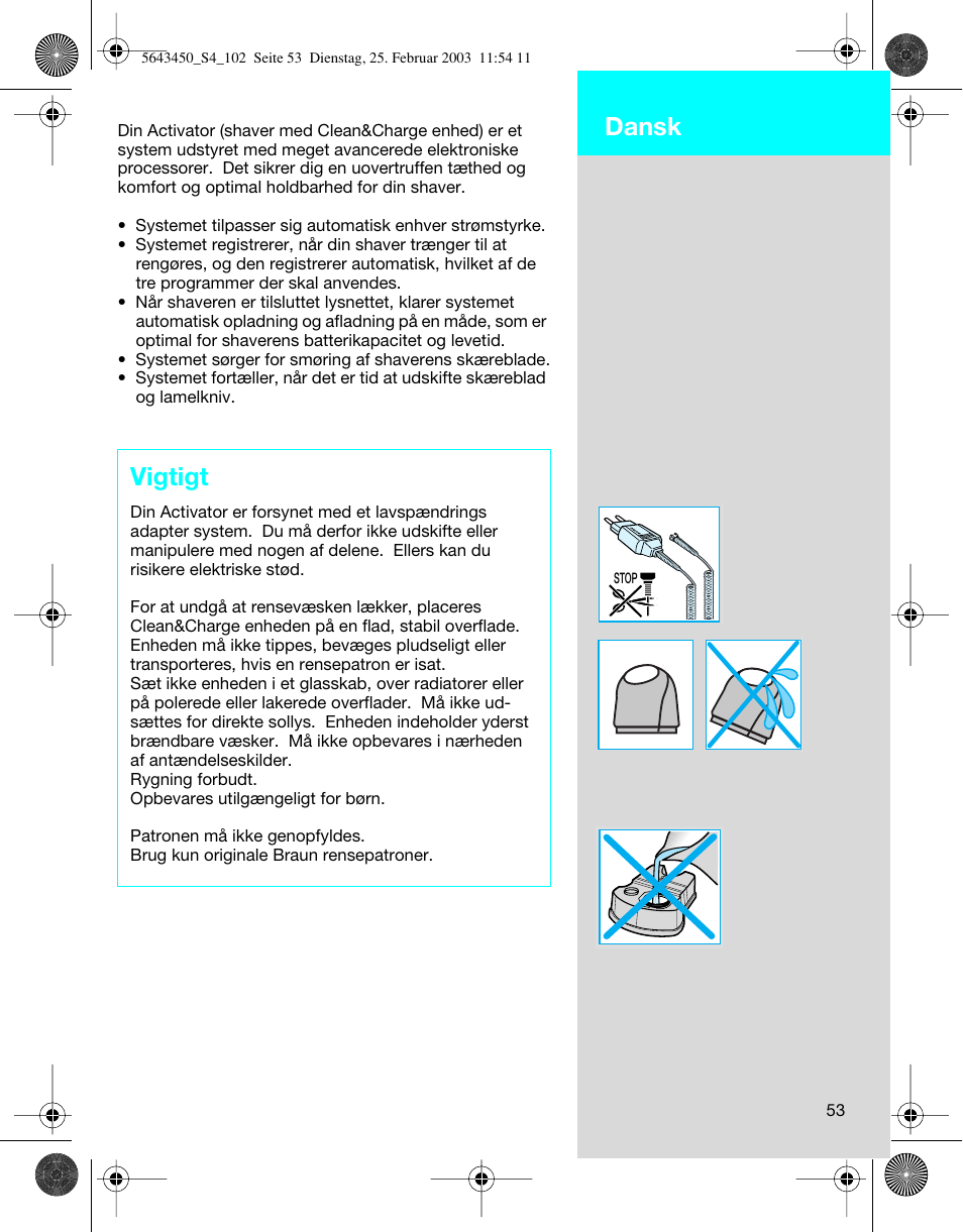 Dansk, Vigtigt | Braun Clean & Charge (Activator) User Manual | Page 53 / 99