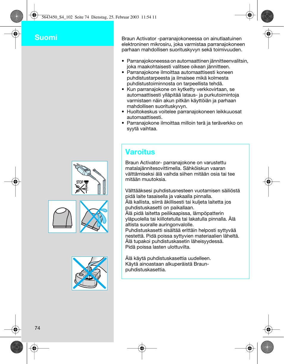Suomi, Varoitus | Braun Clean & Charge (Activator) User Manual | Page 74 / 99