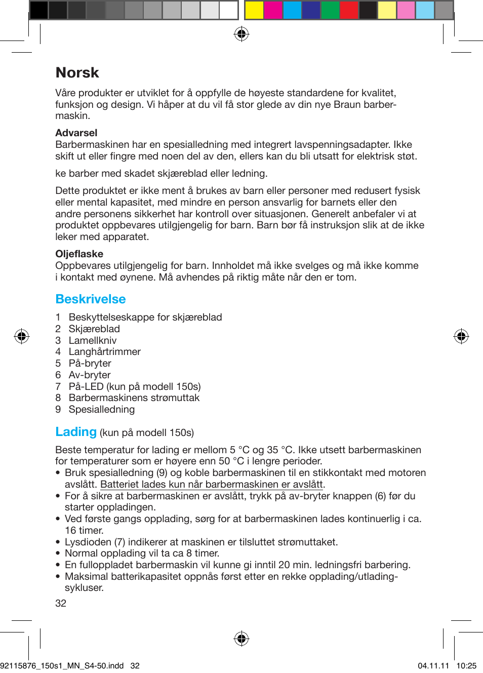 Norsk, Beskrivelse, Lading | Braun 130s-1 User Manual | Page 32 / 47