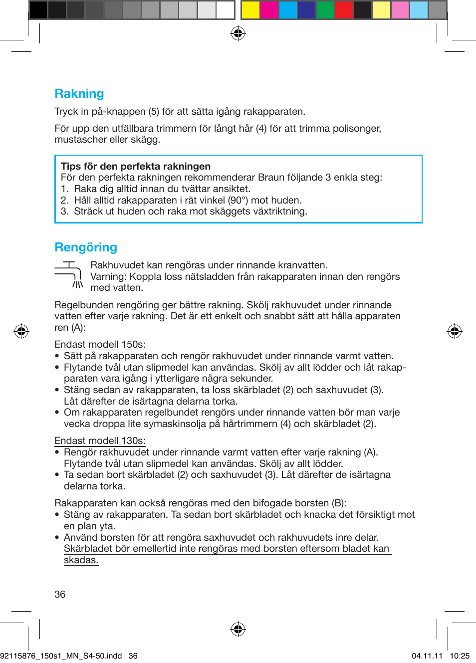 Rakning, Rengöring | Braun 130s-1 User Manual | Page 36 / 47