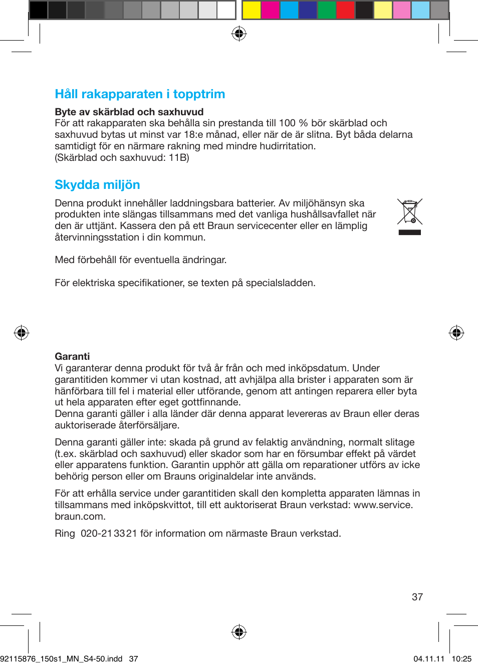 Håll rakapparaten i topptrim, Skydda miljön | Braun 130s-1 User Manual | Page 37 / 47