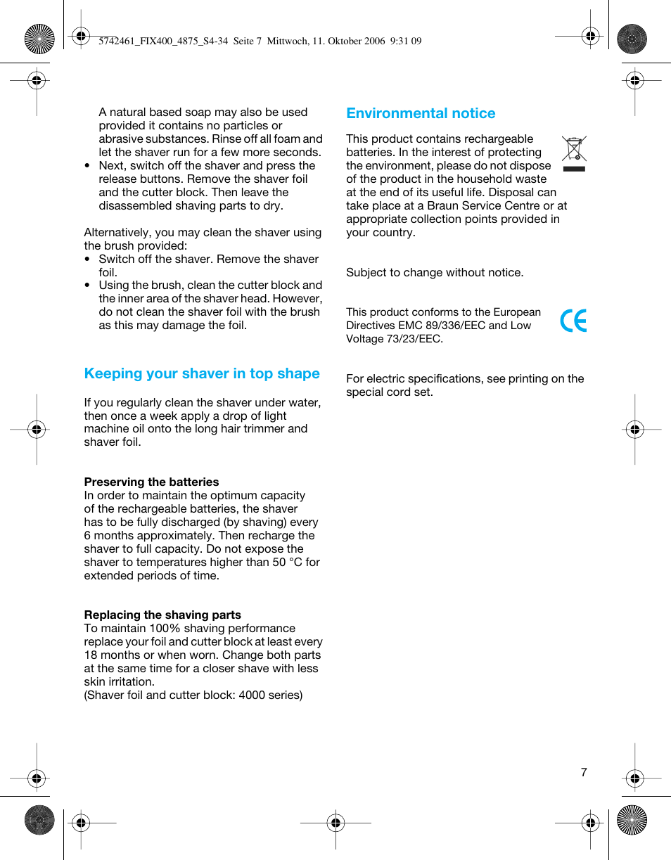 Keeping your shaver in top shape, Environmental notice | Braun 4875 SmartControl3  EN User Manual | Page 7 / 33