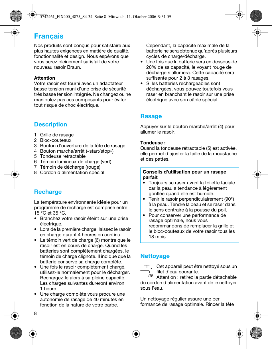 Français, Description, Recharge | Rasage, Nettoyage | Braun 4875 SmartControl3  EN User Manual | Page 8 / 33
