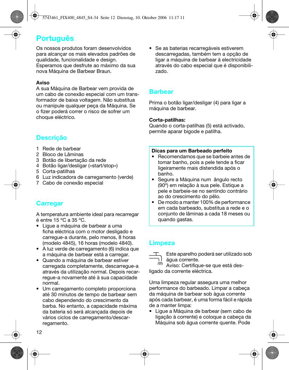 Português, Descrição, Carregar | Barbear, Limpeza | Braun 4845 SmartControl3 User Manual | Page 12 / 33