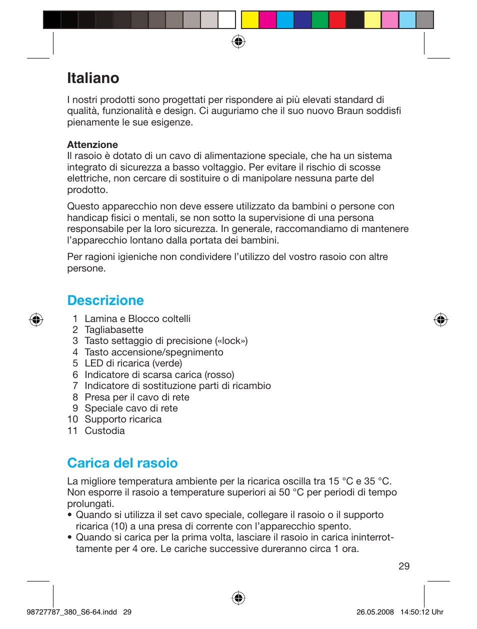 Italiano, Descrizione, Carica del rasoio | Braun 380-5773 Series 3 User Manual | Page 28 / 61