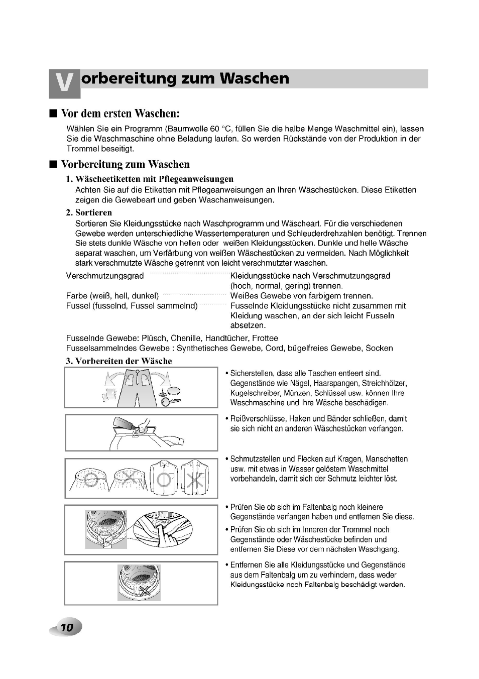 Orbereitung zum waschen, Vor dem ersten waschen, Vorbereitnng znm waschen | Wäscheetiketteil mit pflegeanweisuiigeii, Sortieren, Vorbereiten der wäsche | LG F1492QD1 User Manual | Page 10 / 158