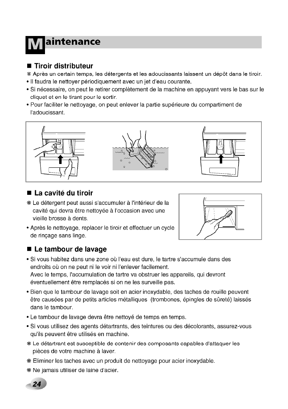 Tiroir distributeur, La cavité du tiroir, Le tambour de iavage | Aintenance | LG F1492QD1 User Manual | Page 118 / 158
