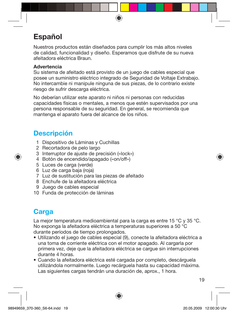 Español, Descripción, Carga | Braun 370-5774 Series 3 User Manual | Page 18 / 61