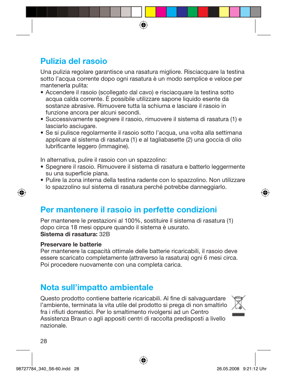 Pulizia del rasoio, Per mantenere il rasoio in perfette condizioni, Nota sull’impatto ambientale | Braun 340-5775 Series 3 User Manual | Page 27 / 56