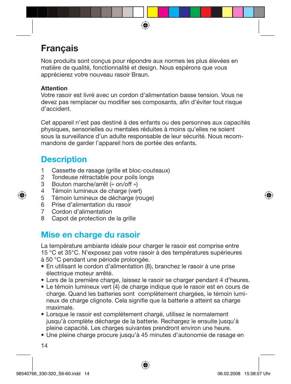 Français, Description, Mise en charge du rasoir | Braun 320 Series 3 User Manual | Page 13 / 57