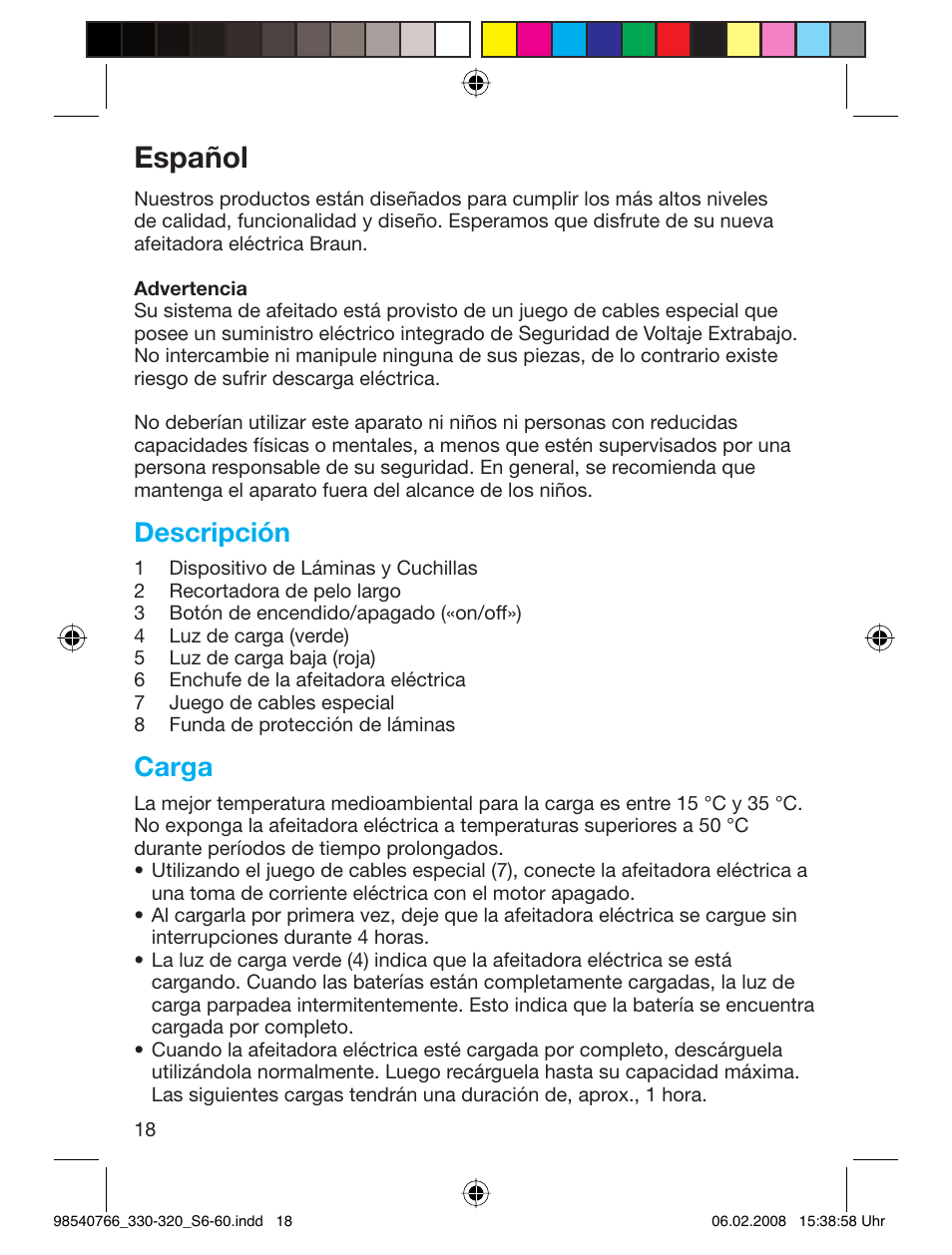 Español, Descripción, Carga | Braun 320 Series 3 User Manual | Page 17 / 57