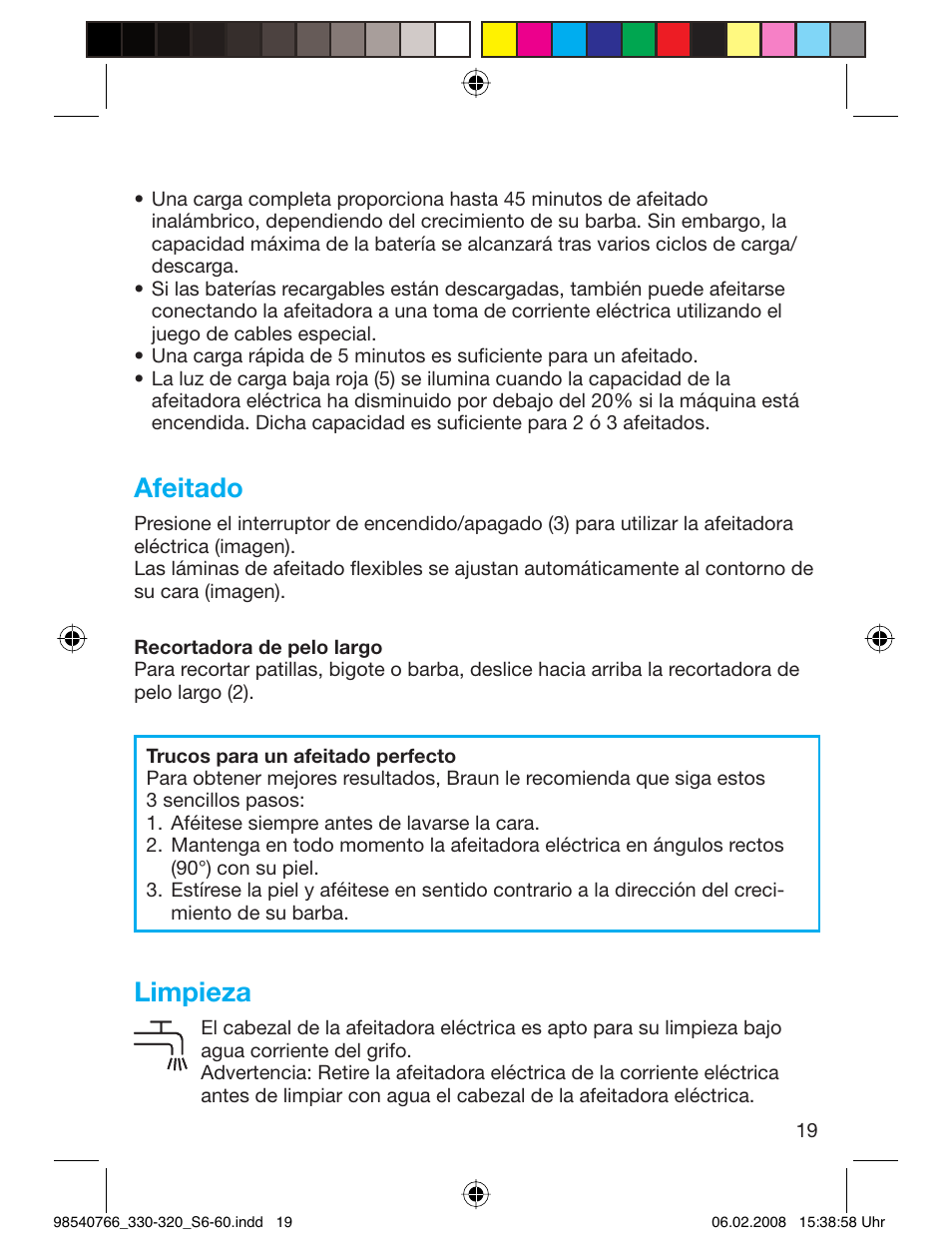 Afeitado, Limpieza | Braun 320 Series 3 User Manual | Page 18 / 57