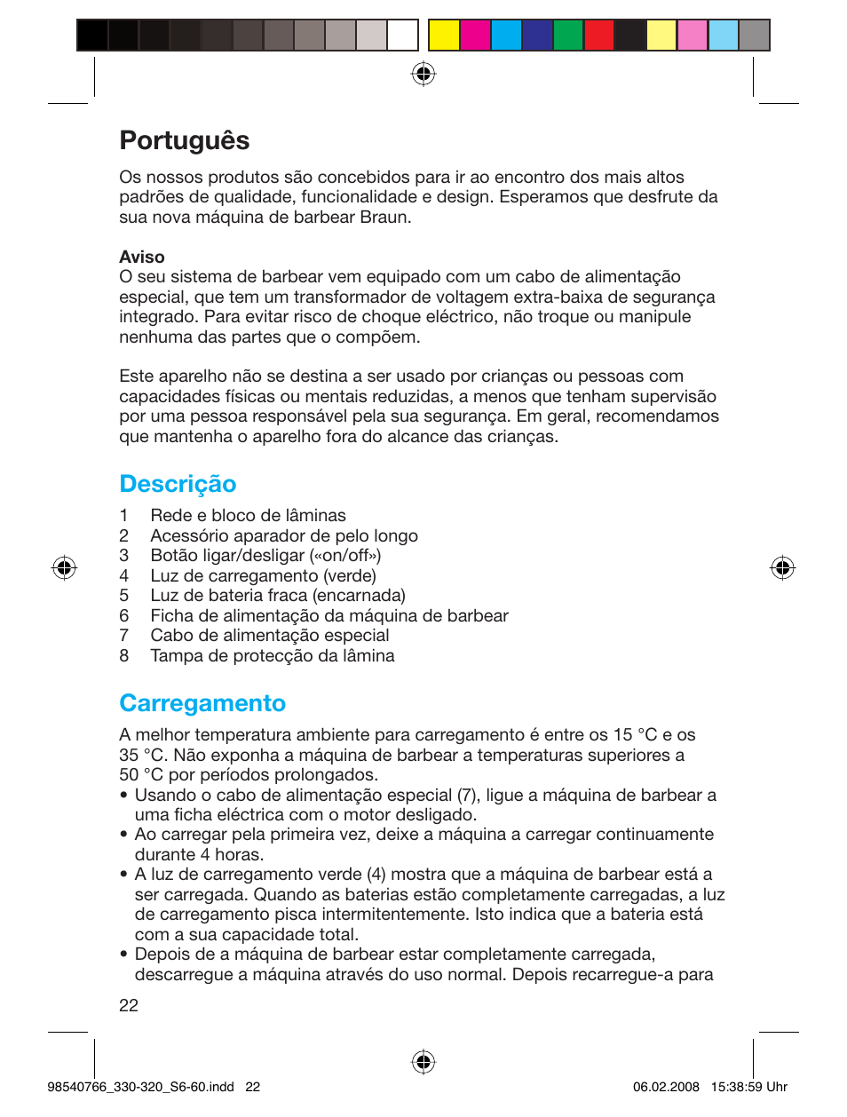 Português, Descrição, Carregamento | Braun 320 Series 3 User Manual | Page 21 / 57