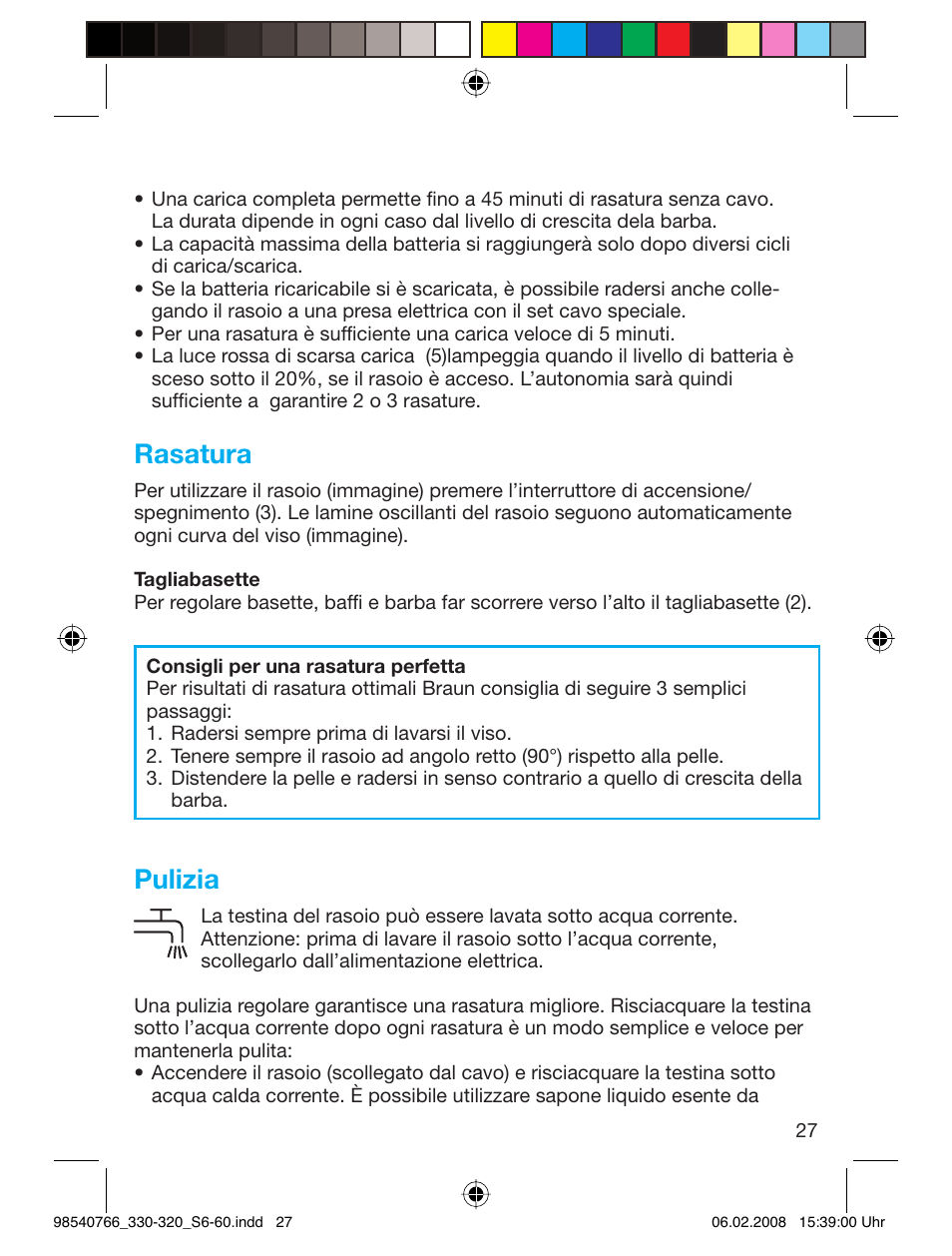 Rasatura, Pulizia | Braun 320 Series 3 User Manual | Page 26 / 57