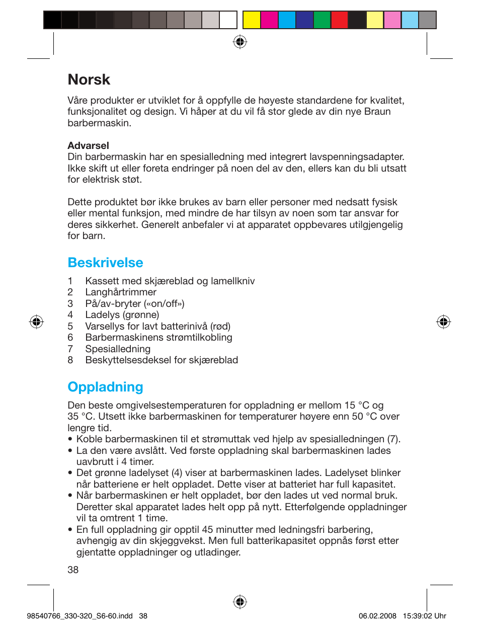 Norsk, Beskrivelse, Oppladning | Braun 320 Series 3 User Manual | Page 37 / 57