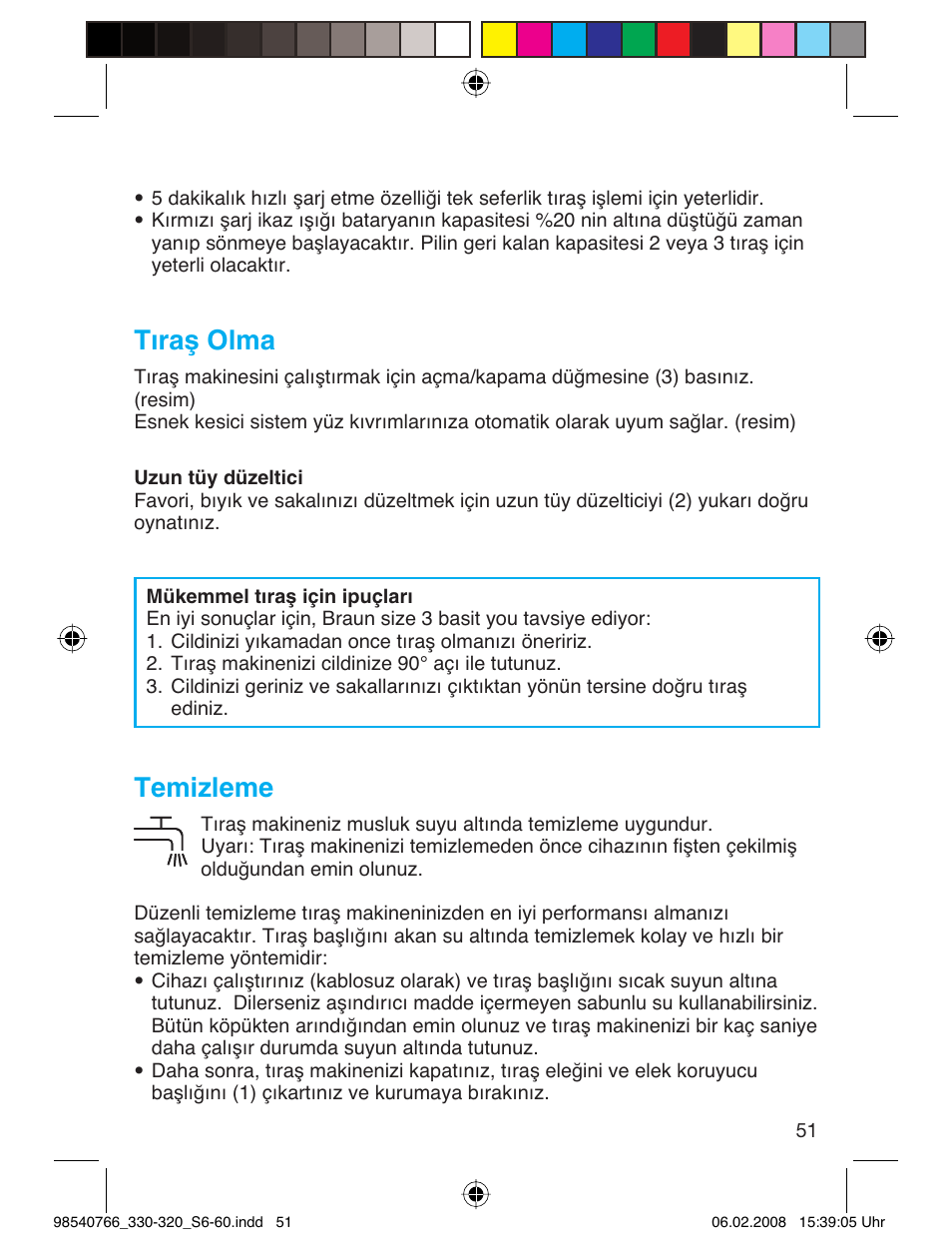 Tıraş olma, Temizleme | Braun 320 Series 3 User Manual | Page 50 / 57