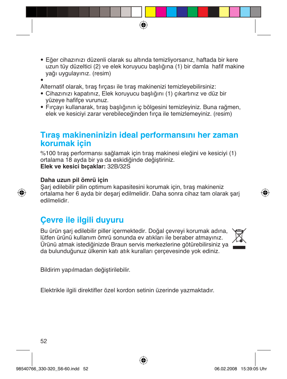 Çevre ile ilgili duyuru | Braun 320 Series 3 User Manual | Page 51 / 57