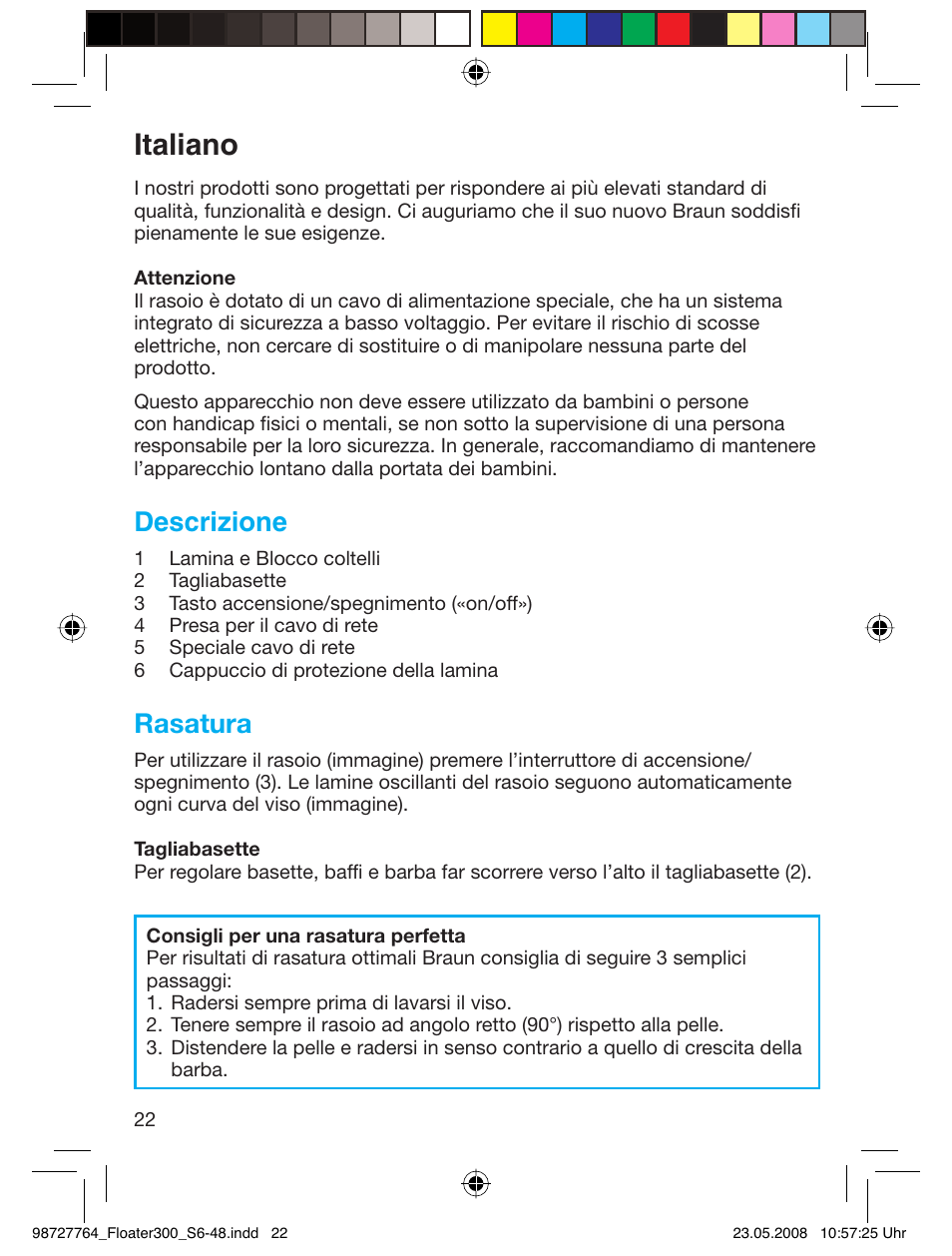 Italiano, Descrizione, Rasatura | Braun 300-5778 Series 3 User Manual | Page 21 / 45