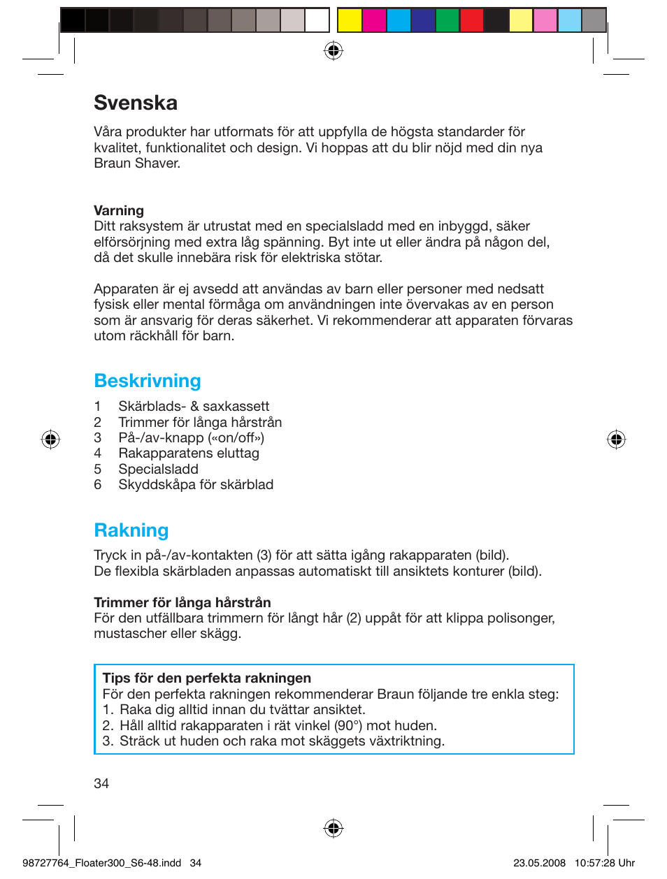 Svenska, Beskrivning, Rakning | Braun 300-5778 Series 3 User Manual | Page 33 / 45