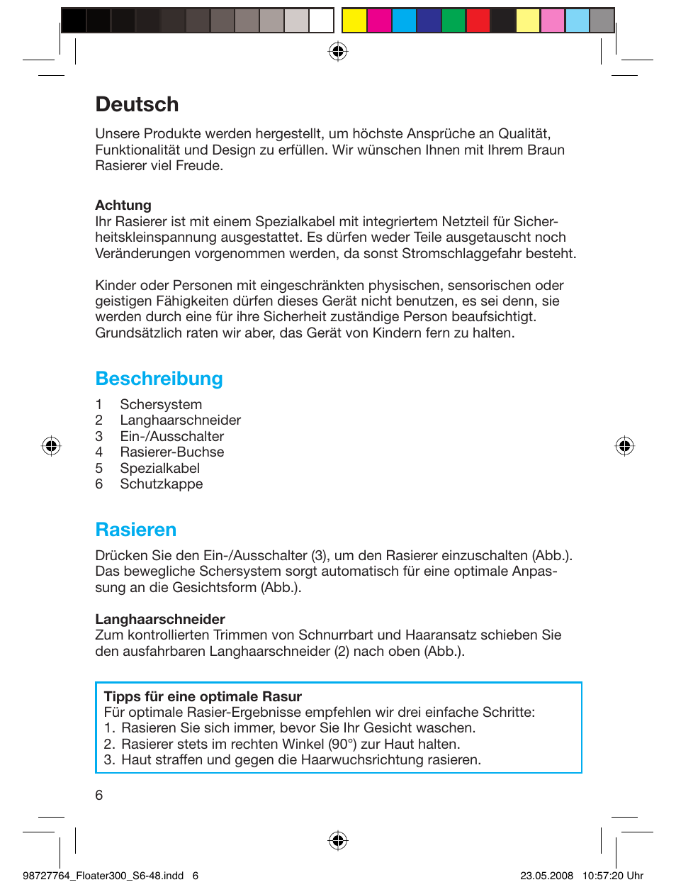 Deutsch, Beschreibung, Rasieren | Braun 300-5778 Series 3 User Manual | Page 5 / 45