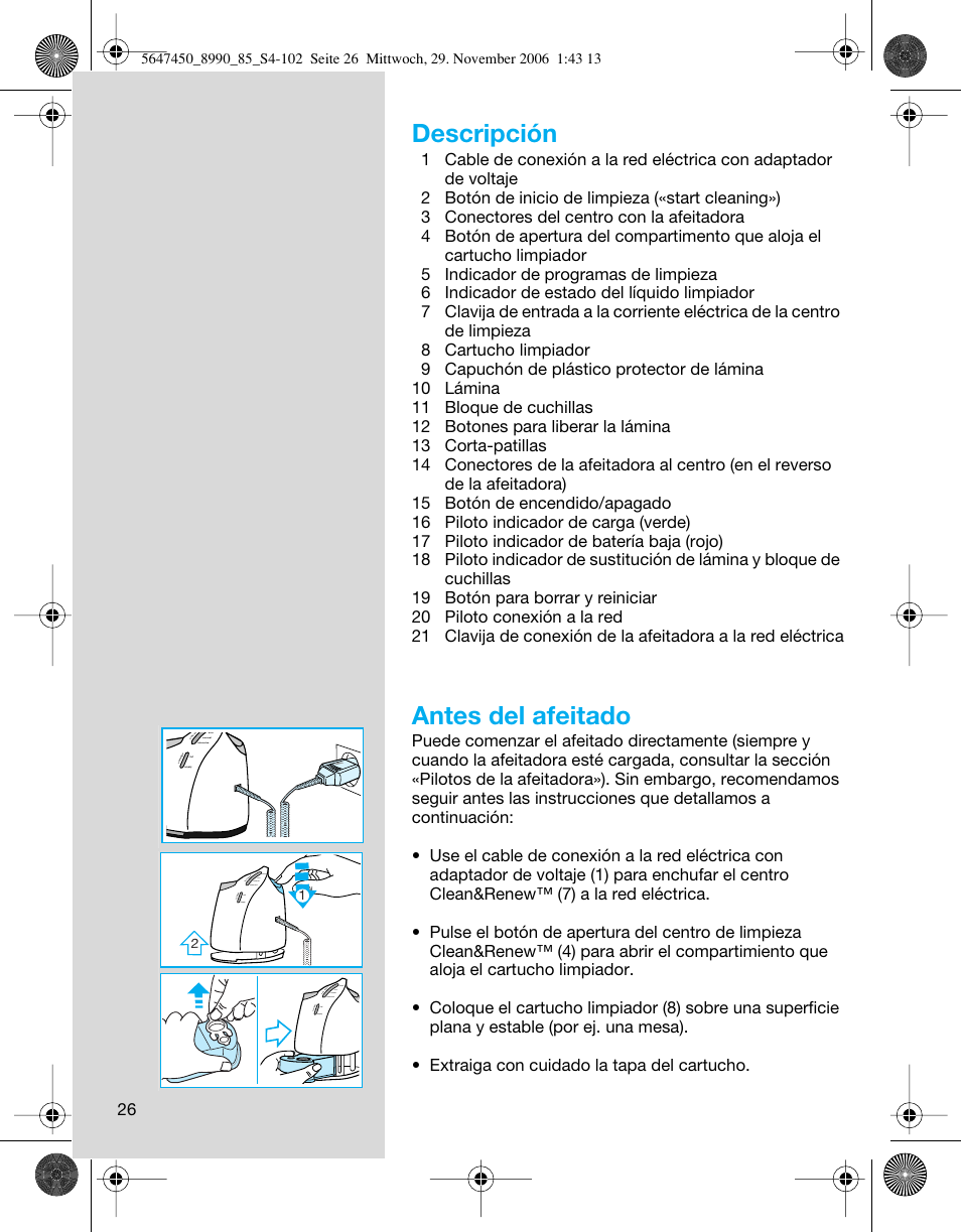 Descripción, Antes del afeitado | Braun 8990 360°Complete Solo  EU User Manual | Page 26 / 99