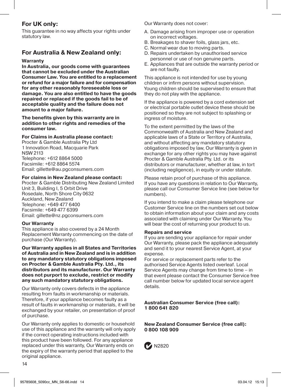For uk only, For australia & new zealand only | Braun 5020s Series 5 User Manual | Page 14 / 70