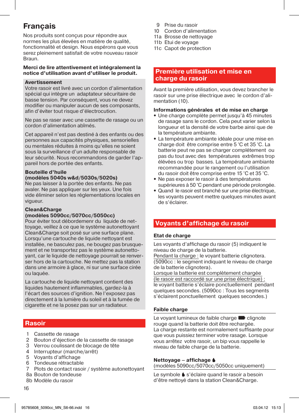 Français, Rasoir, Première utilisation et mise en charge du rasoir | Voyants d’affichage du rasoir | Braun 5020s Series 5 User Manual | Page 16 / 70