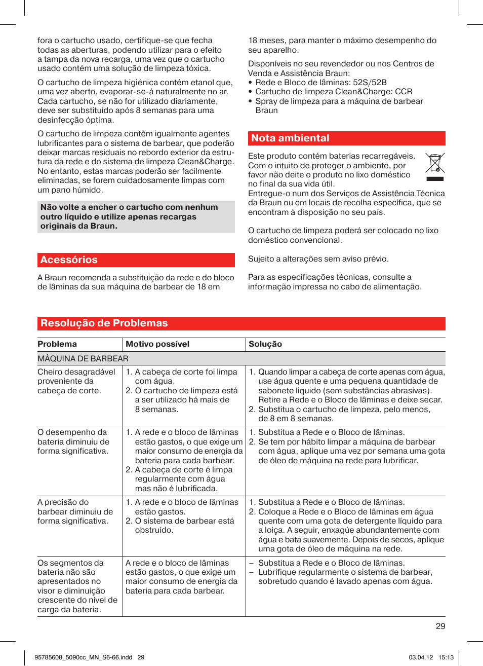 Acessórios, Nota ambiental, Resolução de problemas | Braun 5020s Series 5 User Manual | Page 29 / 70