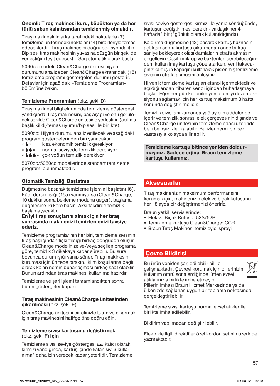 Aksesuarlar, Çevre bildirisi | Braun 5020s Series 5 User Manual | Page 57 / 70