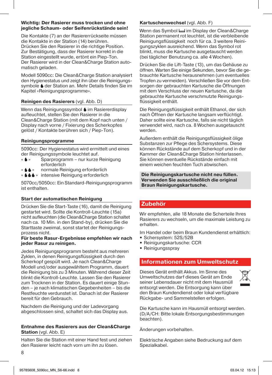Zubehör, Informationen zum umweltschutz | Braun 5020s Series 5 User Manual | Page 8 / 70