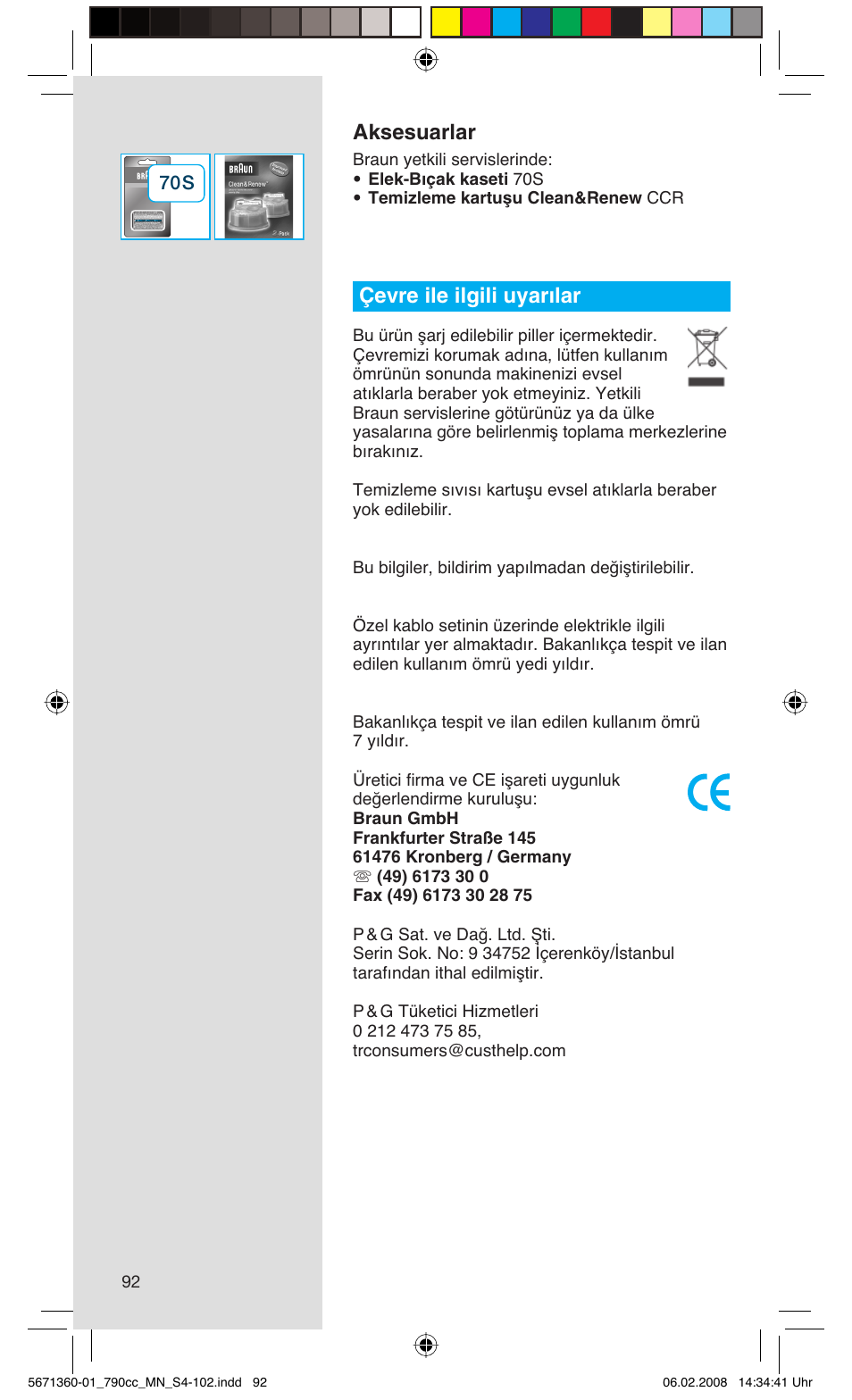 Aksesuarlar, Çevre ile ilgili uyarılar | Braun 790cc-5671 Series 7 User Manual | Page 92 / 101