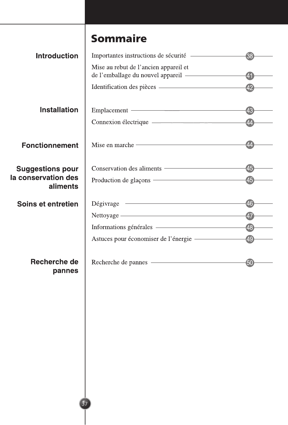 Installation, Fonctionnement, Suggestions pour ia conservation des aliments | Soins et entretien, Recherche de pannes, Sommaire | LG GC-254SQW User Manual | Page 36 / 70